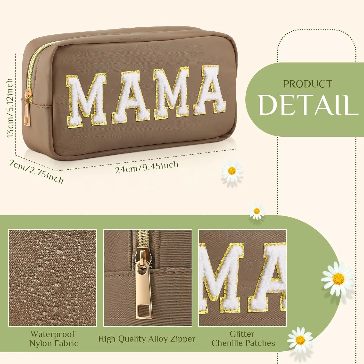 Sanwuta 2 Pieces Mama Gifts Makeup Bag Mom Birthday Gifts Nylon Cosmetic Bag Mothers Day Appreciation Toiletry Preppy Patch Chenille Letter Pouch for Women Her New Mom(Camel, White,Baby and Mama)