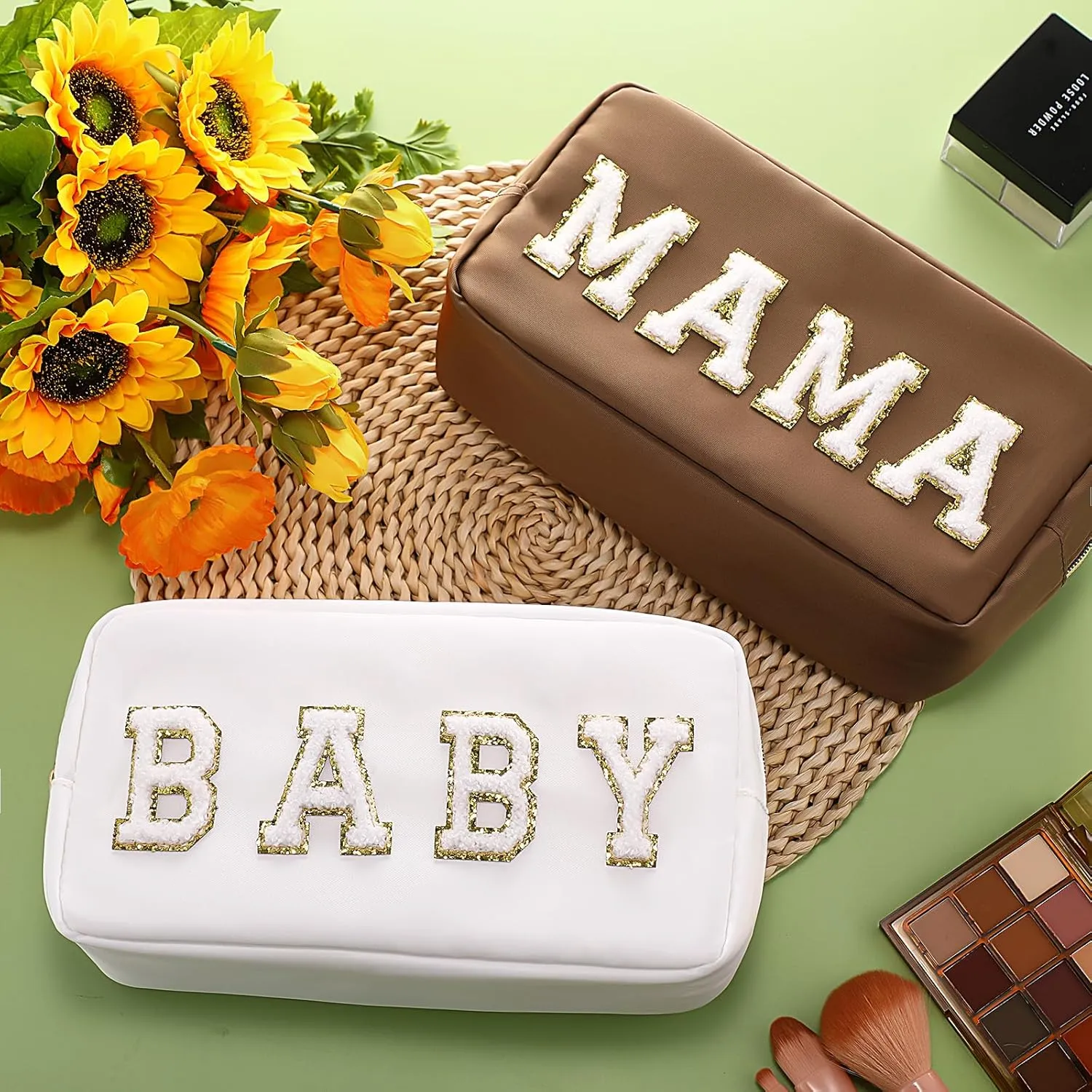 Sanwuta 2 Pieces Mama Gifts Makeup Bag Mom Birthday Gifts Nylon Cosmetic Bag Mothers Day Appreciation Toiletry Preppy Patch Chenille Letter Pouch for Women Her New Mom(Camel, White,Baby and Mama)