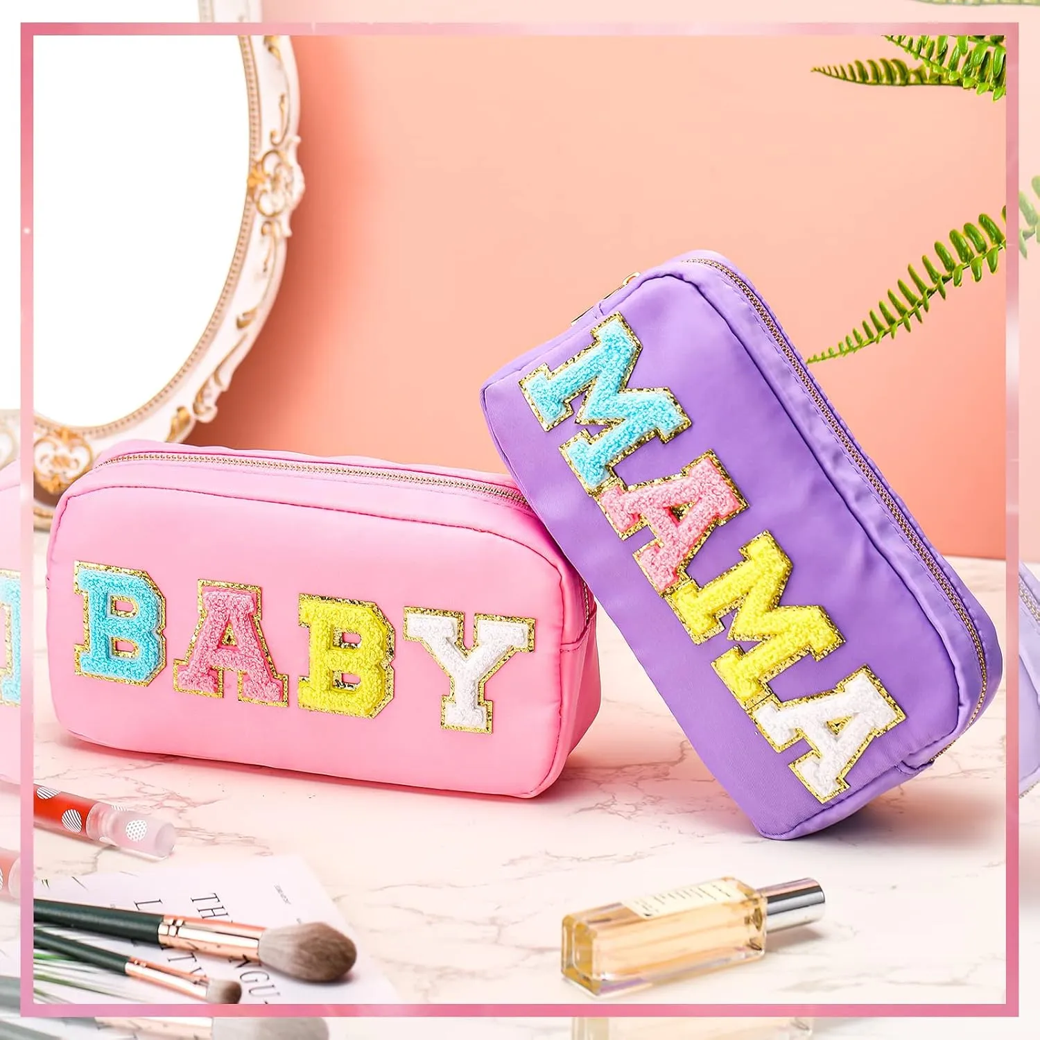 Sanwuta 2 Pieces Mama Gifts Makeup Bag Mom Birthday Gifts Nylon Cosmetic Bag Mothers Day Appreciation Toiletry Preppy Patch Chenille Letter Pouch for Women Her New Mom(Purple, Pink,Baby and Mama)