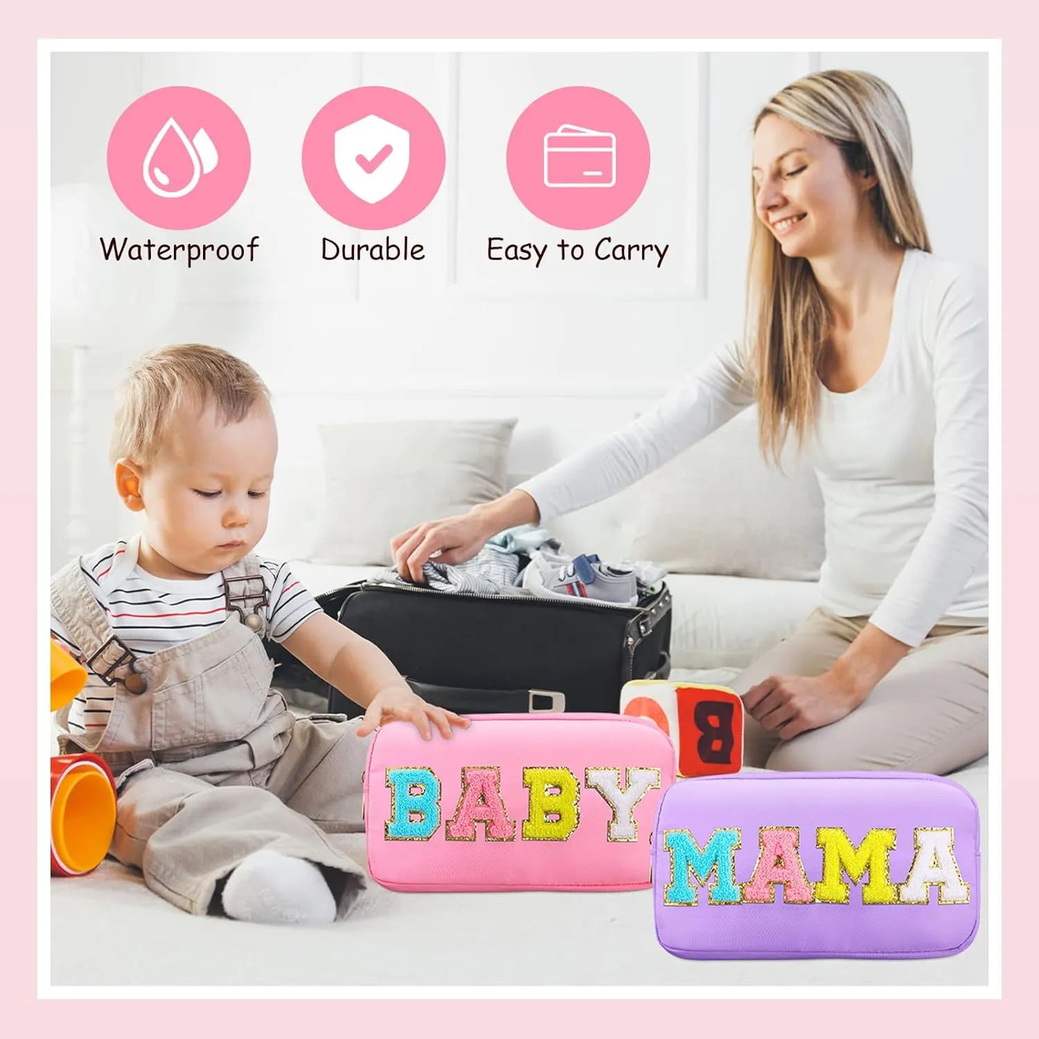 Sanwuta 2 Pieces Mama Gifts Makeup Bag Mom Birthday Gifts Nylon Cosmetic Bag Mothers Day Appreciation Toiletry Preppy Patch Chenille Letter Pouch for Women Her New Mom(Purple, Pink,Baby and Mama)