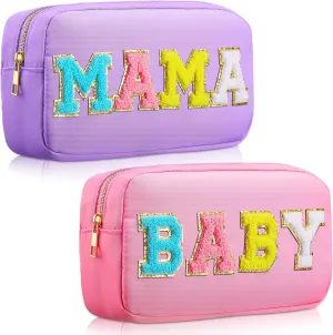 Sanwuta 2 Pieces Mama Gifts Makeup Bag Mom Birthday Gifts Nylon Cosmetic Bag Mothers Day Appreciation Toiletry Preppy Patch Chenille Letter Pouch for Women Her New Mom(Purple, Pink,Baby and Mama)