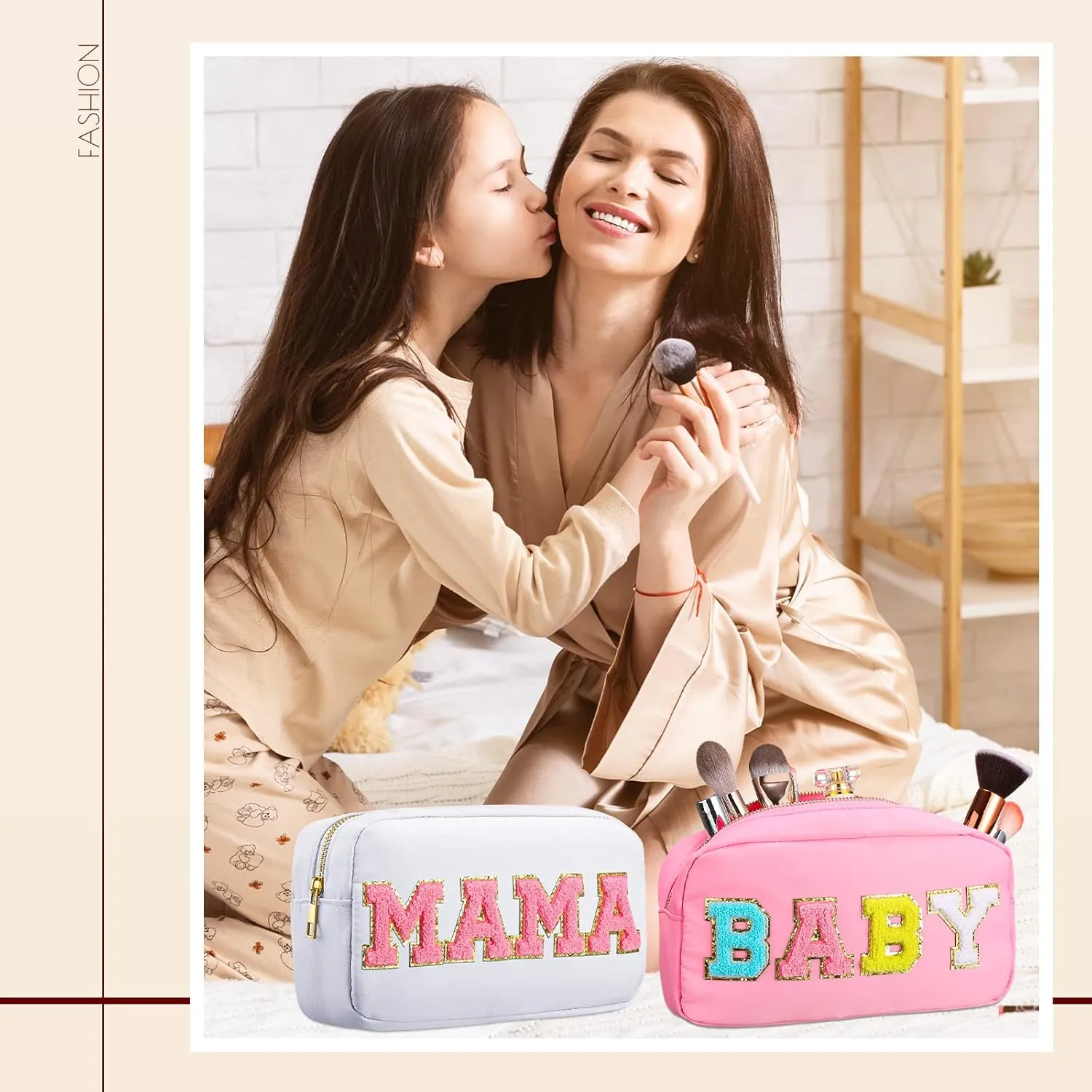 Sanwuta 2 Pieces Mama Gifts Makeup Bag Mom Birthday Gifts Nylon Cosmetic Bag Mothers Day Appreciation Toiletry Preppy Patch Chenille Letter Pouch for Women Her New Mom(White, Pink,Baby and Mama)
