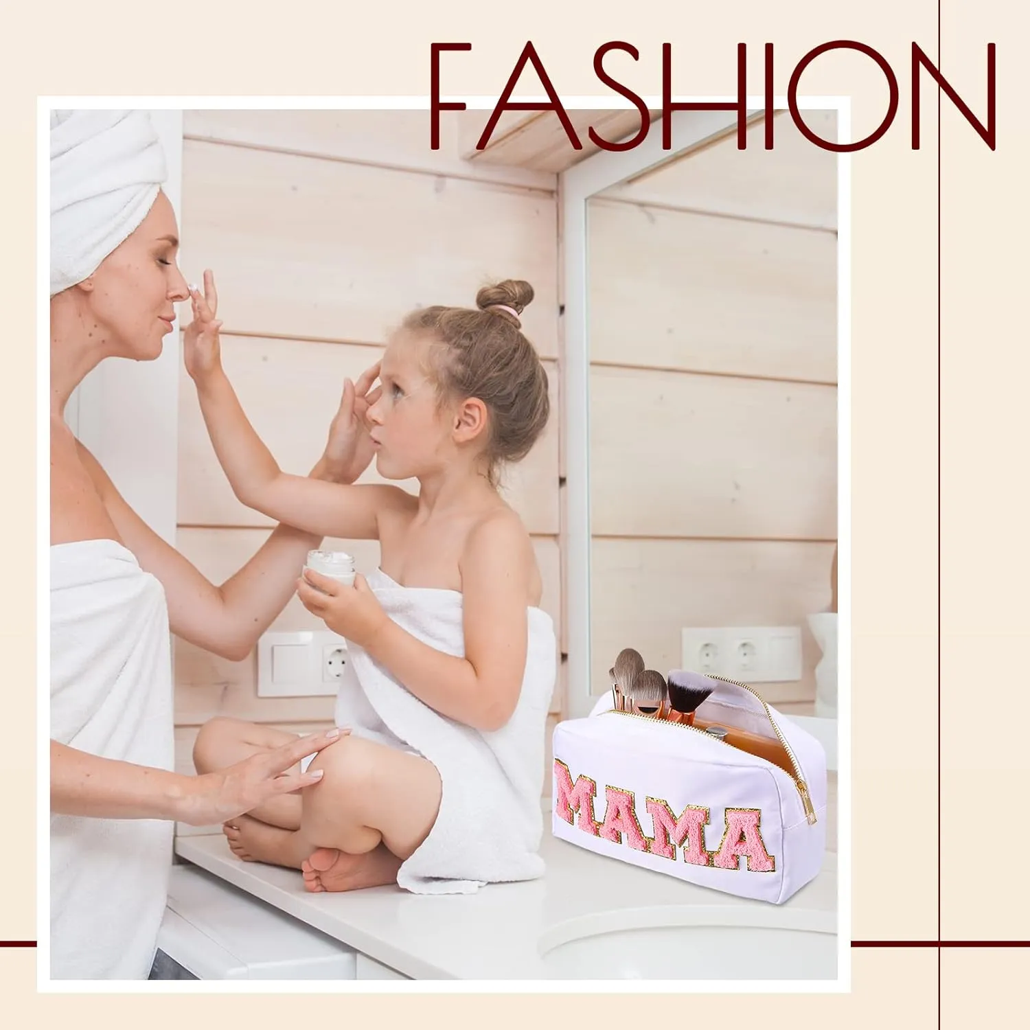 Sanwuta 2 Pieces Mama Gifts Makeup Bag Mom Birthday Gifts Nylon Cosmetic Bag Mothers Day Appreciation Toiletry Preppy Patch Chenille Letter Pouch for Women Her New Mom(White, Pink,Baby and Mama)