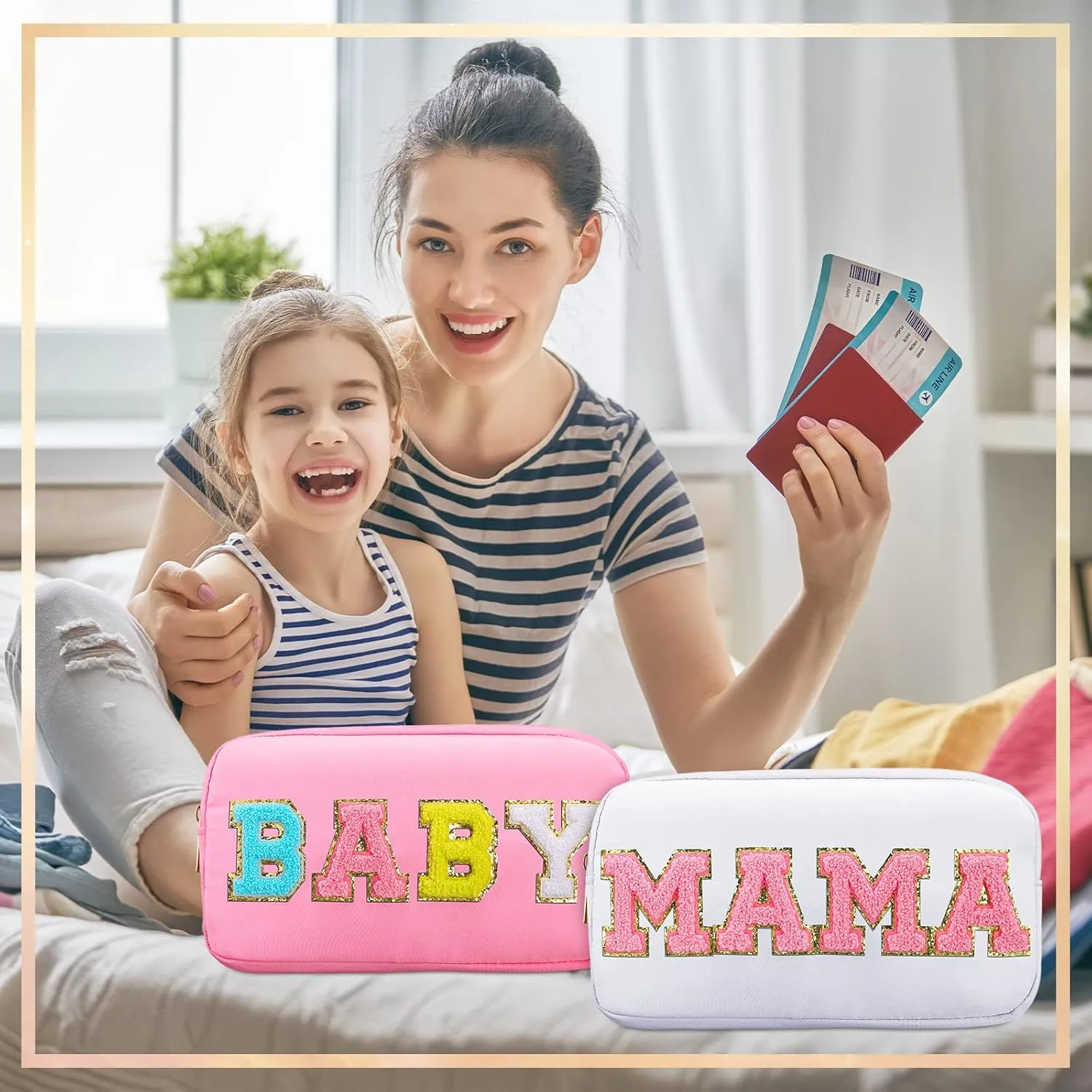 Sanwuta 2 Pieces Mama Gifts Makeup Bag Mom Birthday Gifts Nylon Cosmetic Bag Mothers Day Appreciation Toiletry Preppy Patch Chenille Letter Pouch for Women Her New Mom(White, Pink,Baby and Mama)
