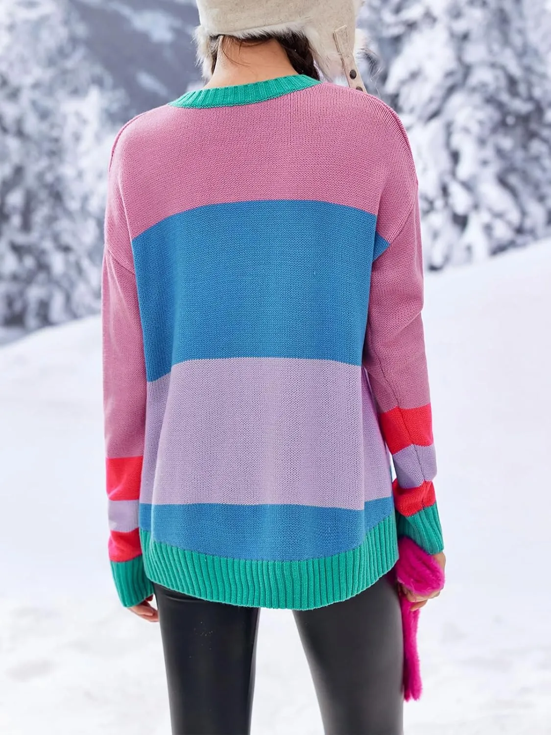 Saodimallsu Womens Color Block Oversized Sweater Ski Print Fall Trendy Crew Neck Long Sleeve Pullover Sweaters Knit Tops