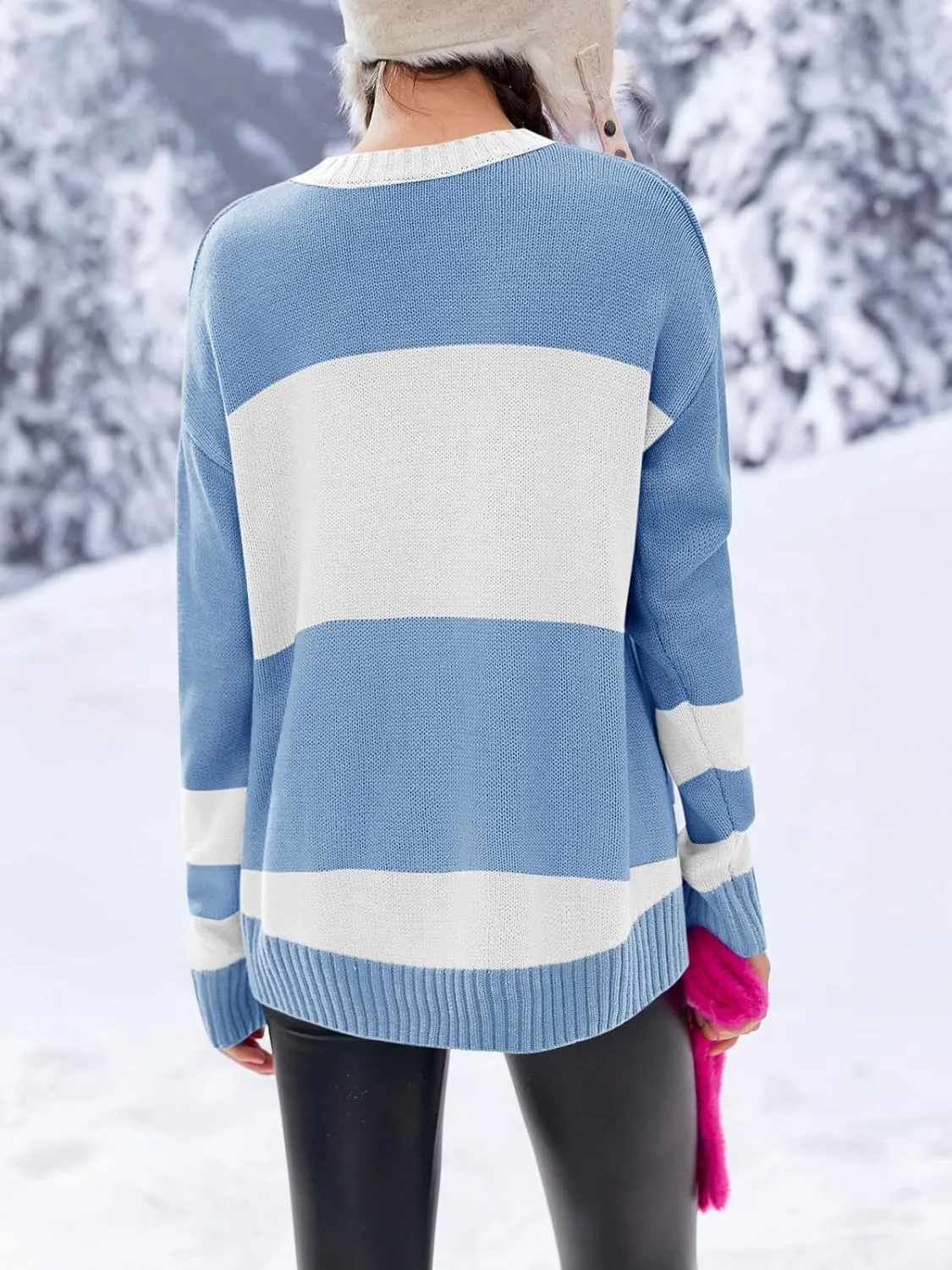 Saodimallsu Womens Color Block Oversized Sweater Ski Print Fall Trendy Crew Neck Long Sleeve Pullover Sweaters Knit Tops
