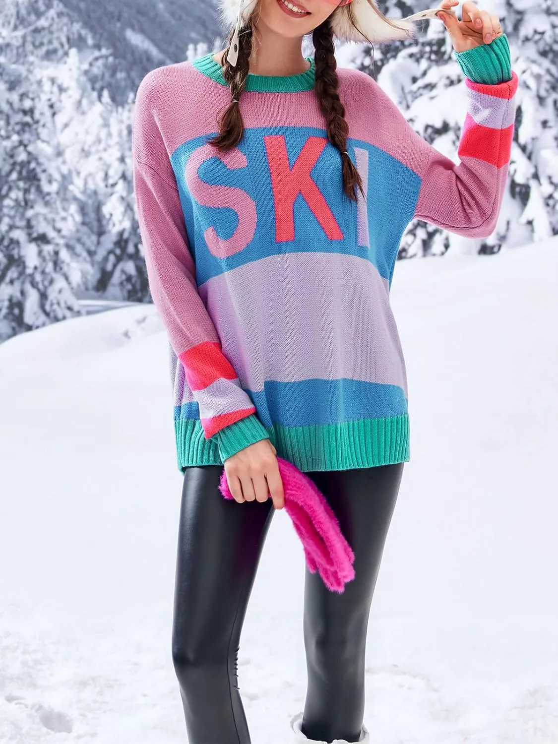 Saodimallsu Womens Color Block Oversized Sweater Ski Print Fall Trendy Crew Neck Long Sleeve Pullover Sweaters Knit Tops