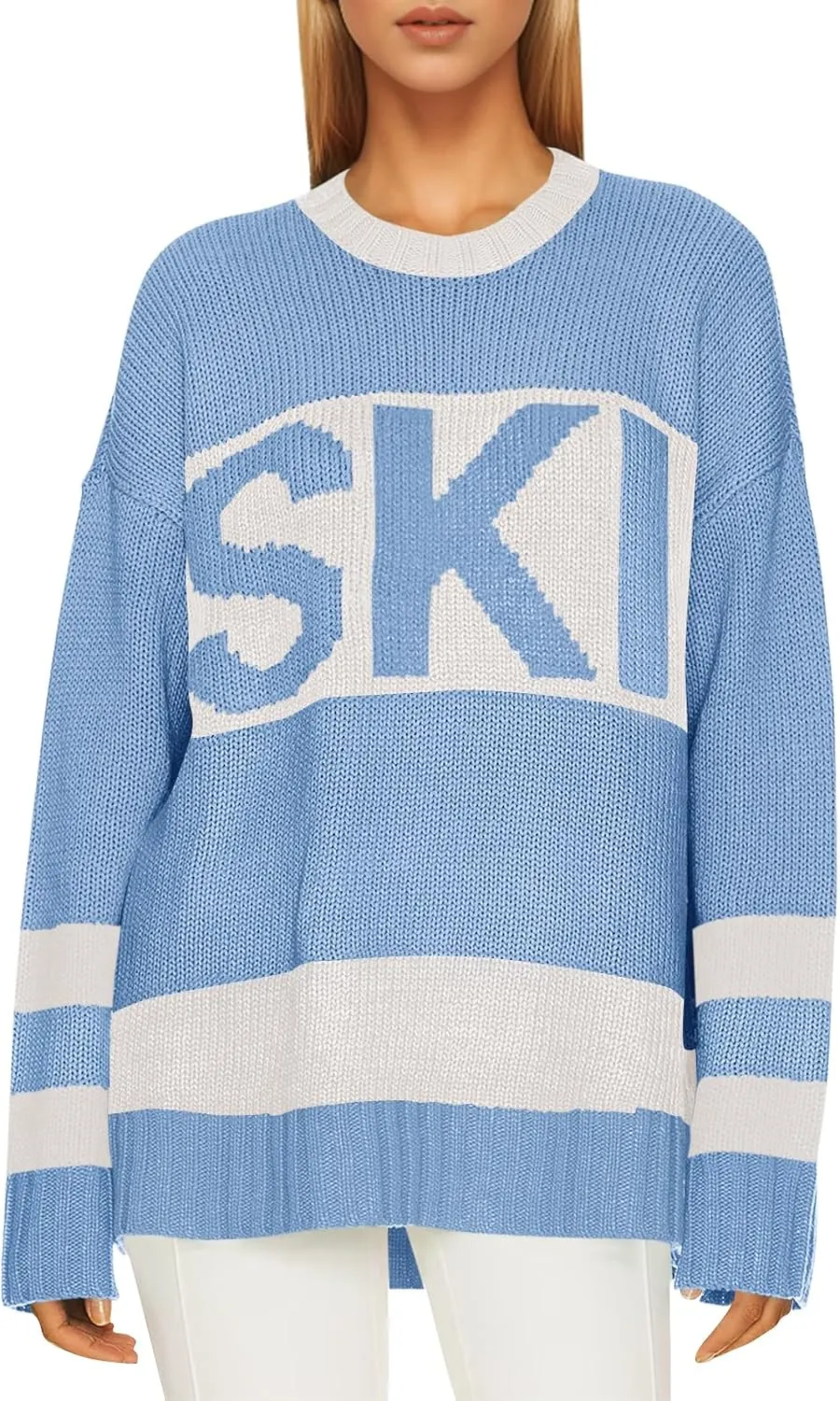 Saodimallsu Womens Color Block Oversized Sweater Ski Print Fall Trendy Crew Neck Long Sleeve Pullover Sweaters Knit Tops