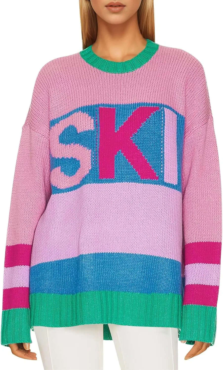 Saodimallsu Womens Color Block Oversized Sweater Ski Print Fall Trendy Crew Neck Long Sleeve Pullover Sweaters Knit Tops