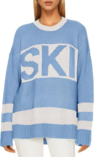 Saodimallsu Womens Color Block Oversized Sweater Ski Print Fall Trendy Crew Neck Long Sleeve Pullover Sweaters Knit Tops