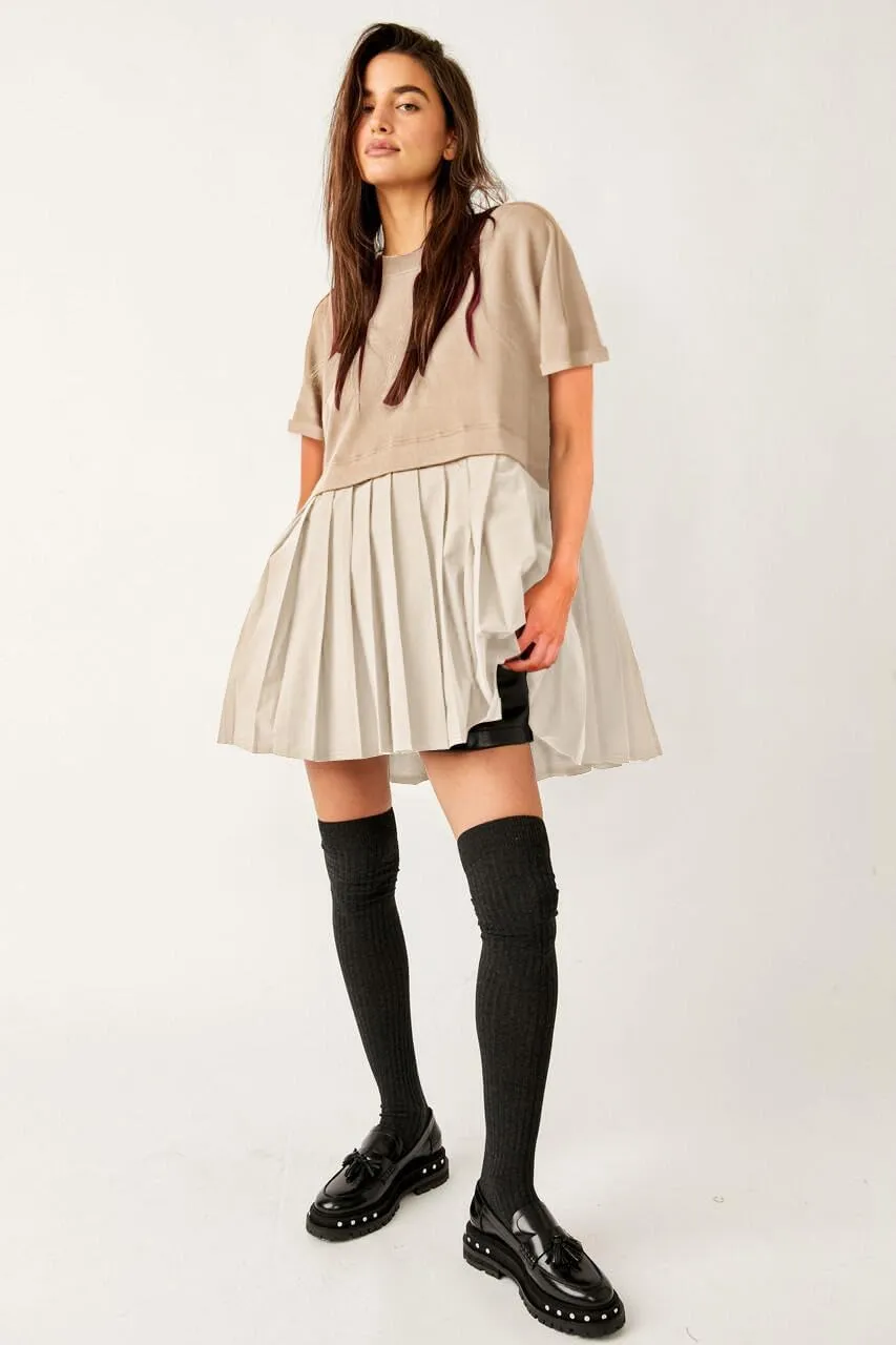 SAUKOLE Womens Summer Crew Neck Short Sleeve Dress Patchwork Pleated A Line Beach Boho Mini Dress