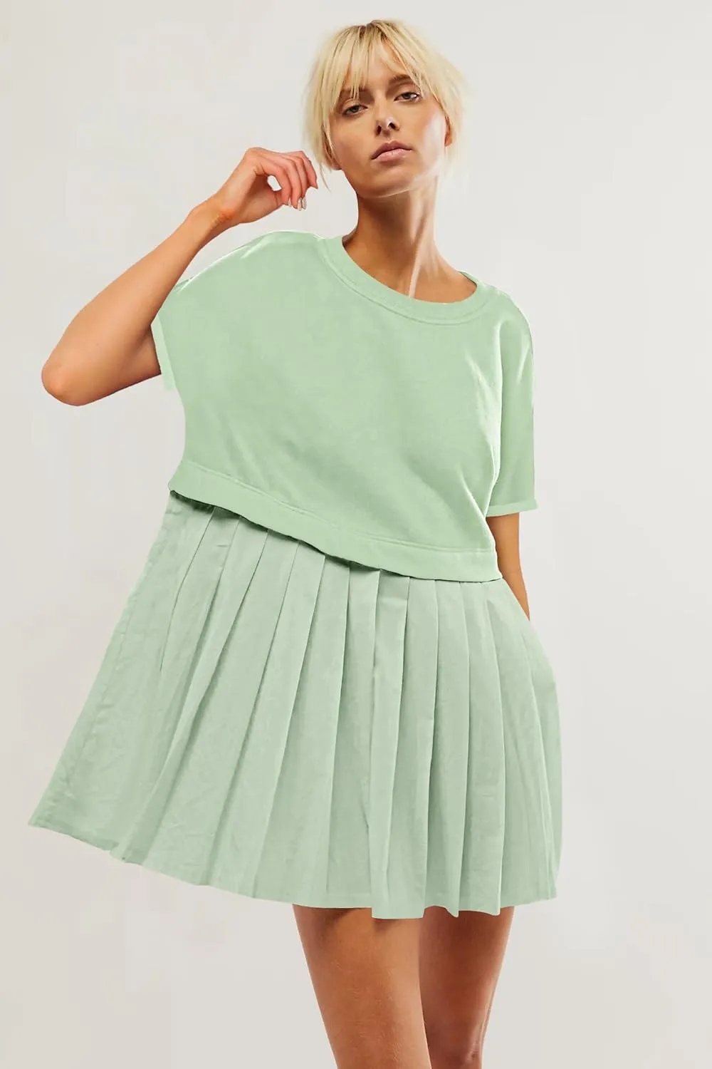 SAUKOLE Womens Summer Crew Neck Short Sleeve Dress Patchwork Pleated A Line Beach Boho Mini Dress