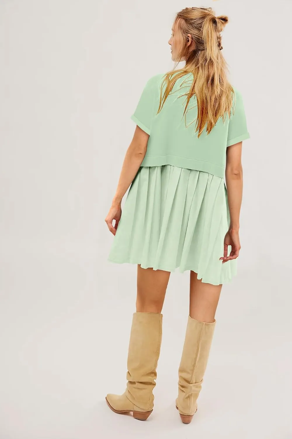 SAUKOLE Womens Summer Crew Neck Short Sleeve Dress Patchwork Pleated A Line Beach Boho Mini Dress