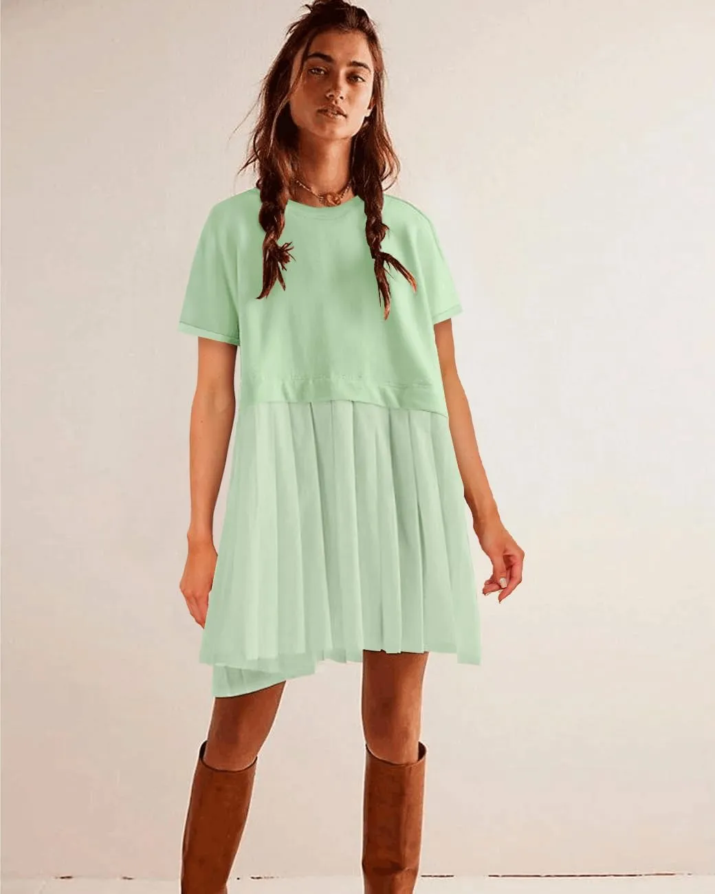 SAUKOLE Womens Summer Crew Neck Short Sleeve Dress Patchwork Pleated A Line Beach Boho Mini Dress