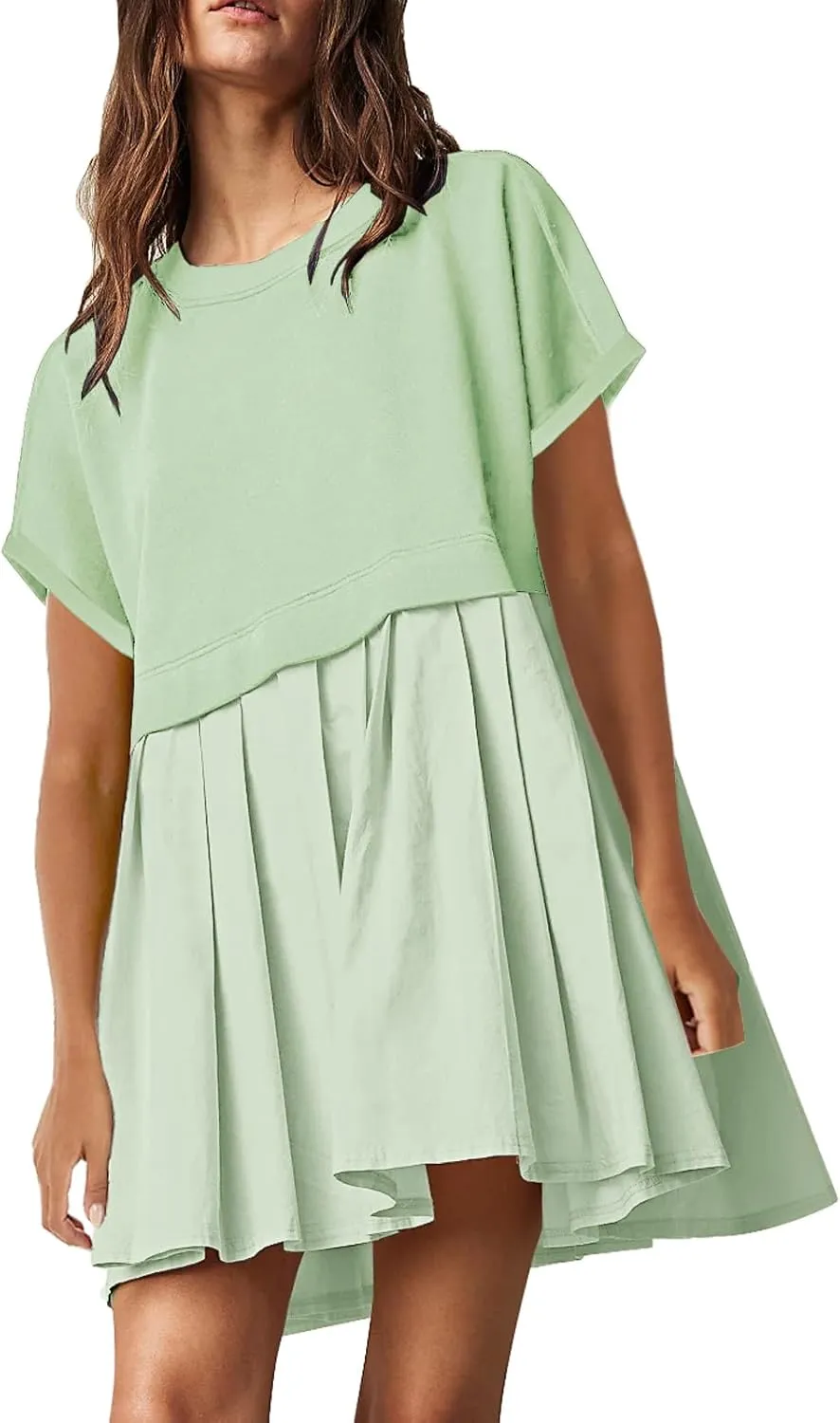 SAUKOLE Womens Summer Crew Neck Short Sleeve Dress Patchwork Pleated A Line Beach Boho Mini Dress