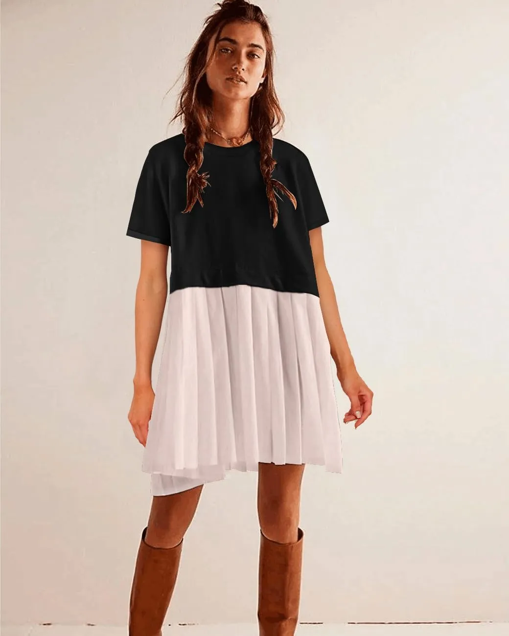 SAUKOLE Womens Summer Crew Neck Short Sleeve Dress Patchwork Pleated A Line Beach Boho Mini Dress
