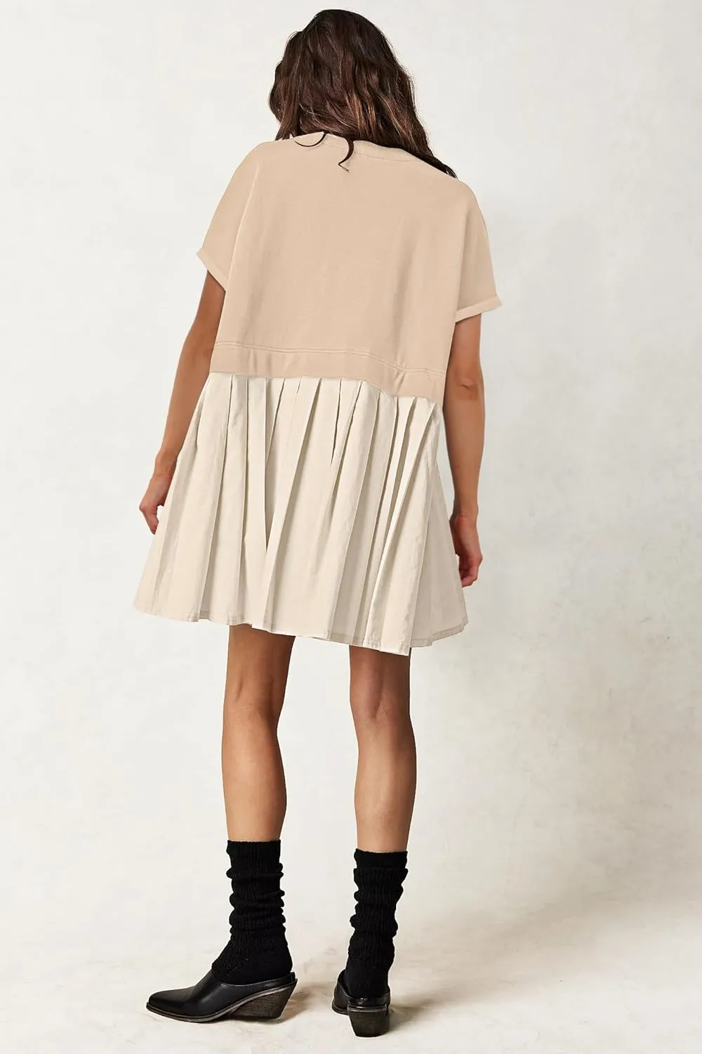 SAUKOLE Womens Summer Crew Neck Short Sleeve Dress Patchwork Pleated A Line Beach Boho Mini Dress