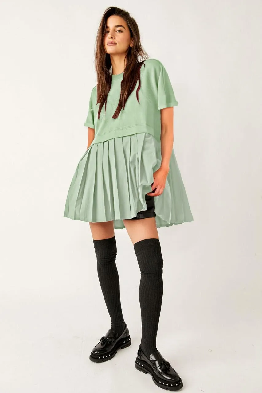SAUKOLE Womens Summer Crew Neck Short Sleeve Dress Patchwork Pleated A Line Beach Boho Mini Dress