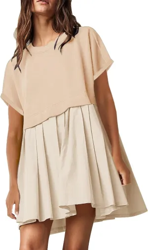 SAUKOLE Womens Summer Crew Neck Short Sleeve Dress Patchwork Pleated A Line Beach Boho Mini Dress