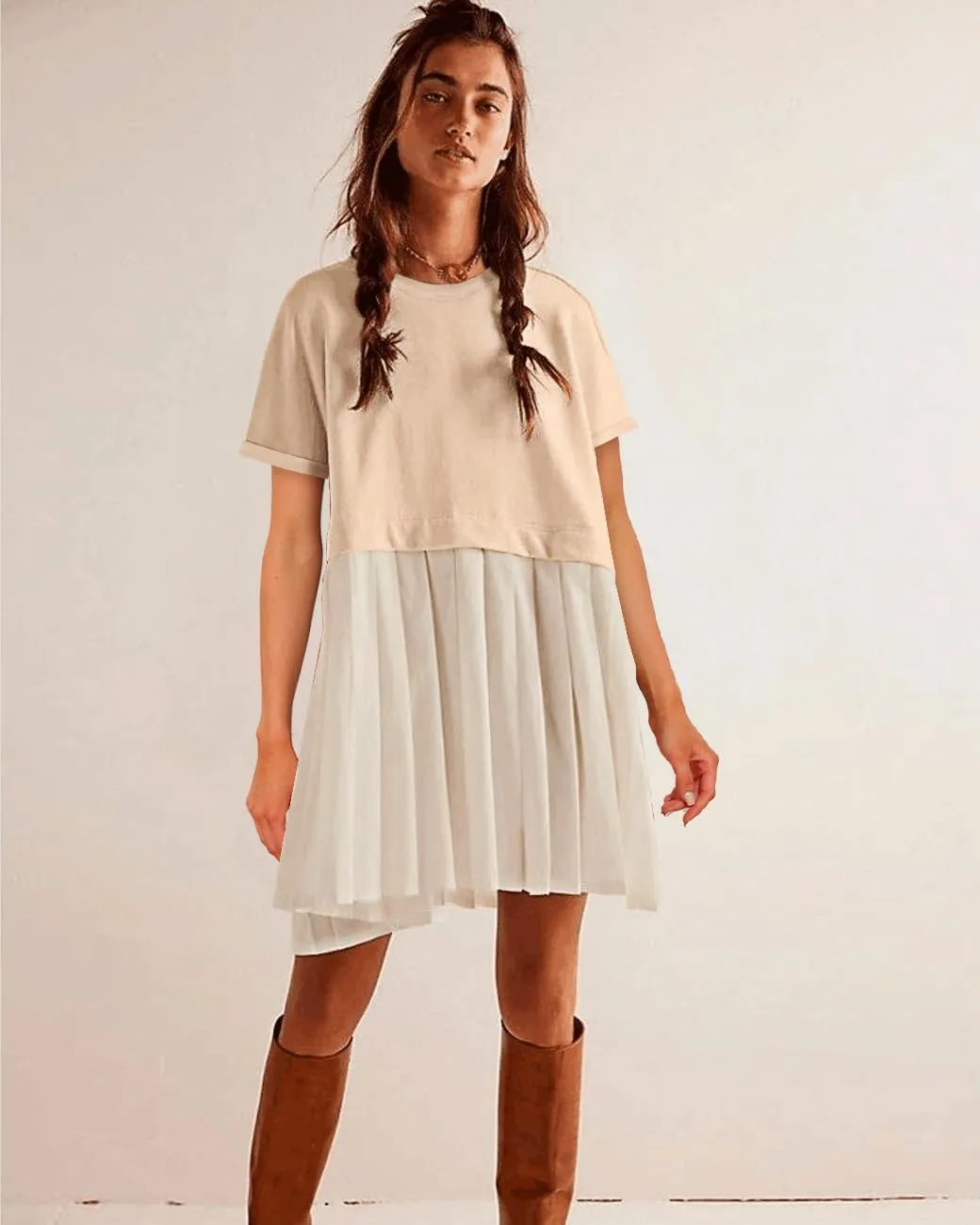 SAUKOLE Womens Summer Crew Neck Short Sleeve Dress Patchwork Pleated A Line Beach Boho Mini Dress