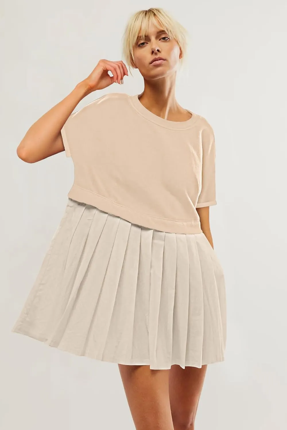SAUKOLE Womens Summer Crew Neck Short Sleeve Dress Patchwork Pleated A Line Beach Boho Mini Dress