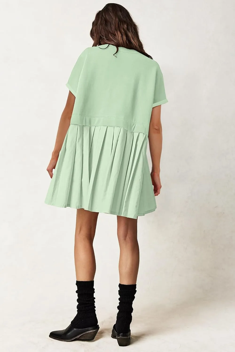 SAUKOLE Womens Summer Crew Neck Short Sleeve Dress Patchwork Pleated A Line Beach Boho Mini Dress