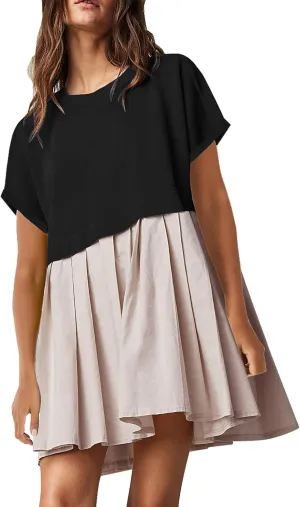 SAUKOLE Womens Summer Crew Neck Short Sleeve Dress Patchwork Pleated A Line Beach Boho Mini Dress