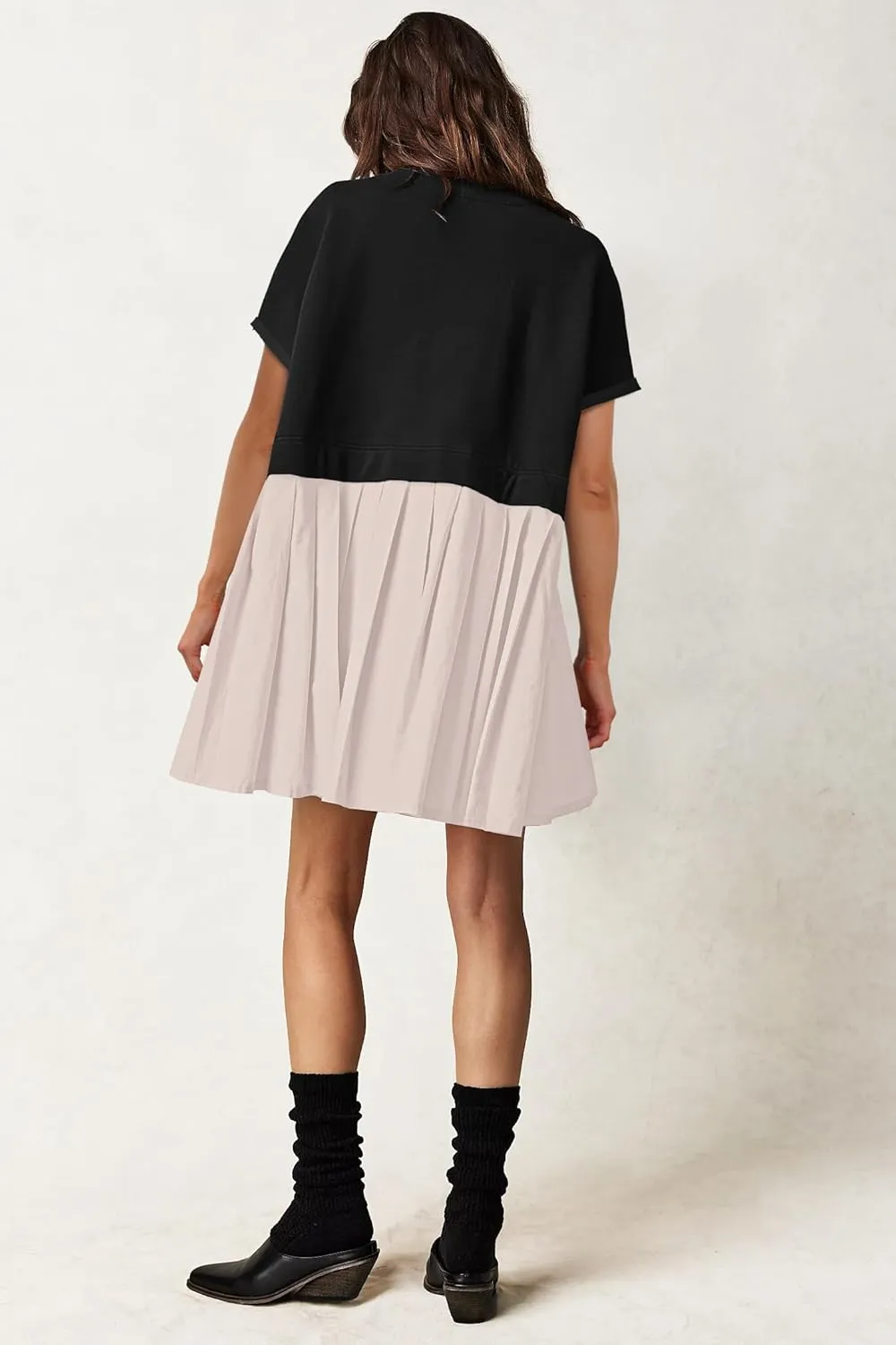 SAUKOLE Womens Summer Crew Neck Short Sleeve Dress Patchwork Pleated A Line Beach Boho Mini Dress