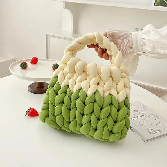 Sawcrocodile Thick Cotton Wool Woven Handbag, Handmade Coarse Wool Knitted Bucket Bag, Handmade Crochet Knitted Shoulder Bag