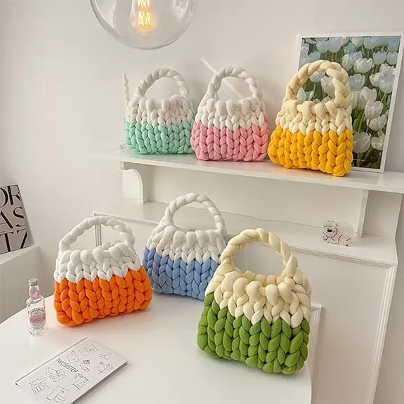 Sawcrocodile Thick Cotton Wool Woven Handbag, Handmade Coarse Wool Knitted Bucket Bag, Handmade Crochet Knitted Shoulder Bag