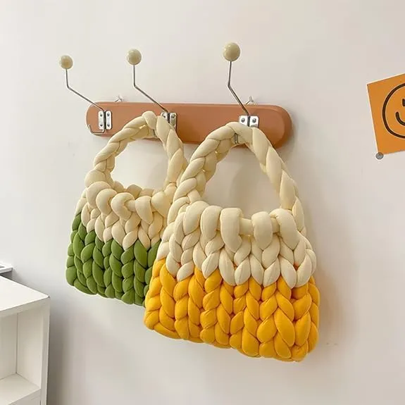 Sawcrocodile Thick Cotton Wool Woven Handbag, Handmade Coarse Wool Knitted Bucket Bag, Handmade Crochet Knitted Shoulder Bag