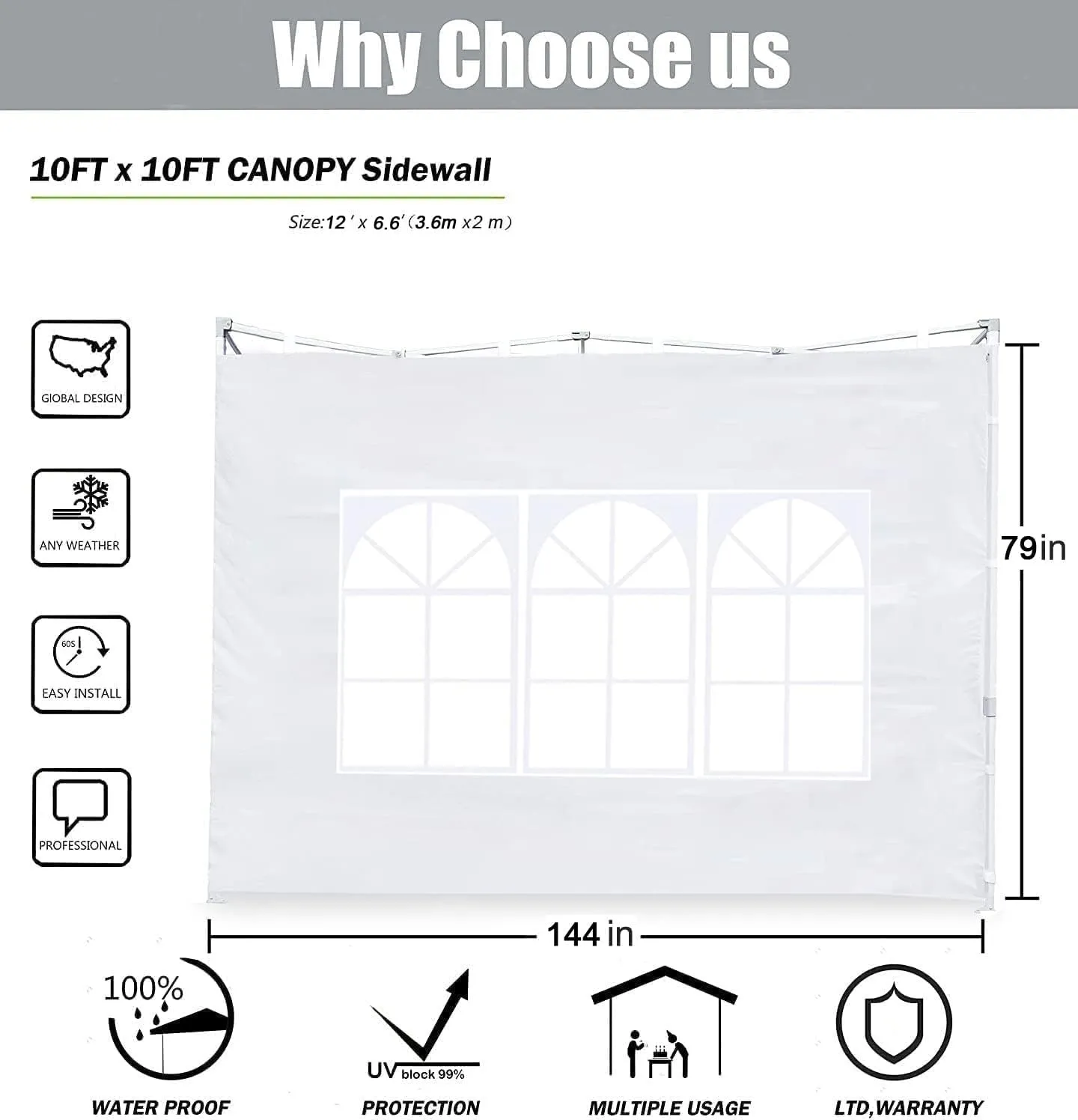 SCOCANOPY SideWall with Window for 12x12 Canopy Frame, 2 Pack SunWall Only,Black