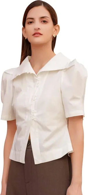SDEER Women's High Lapel Neck Patchwork Button Down Shirt Puff Bubble Sleeve Slim Fit Vintage Shirt Tee Blouses