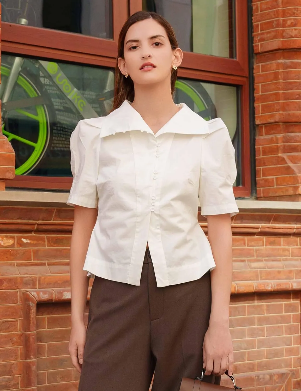 SDEER Women's High Lapel Neck Patchwork Button Down Shirt Puff Bubble Sleeve Slim Fit Vintage Shirt Tee Blouses