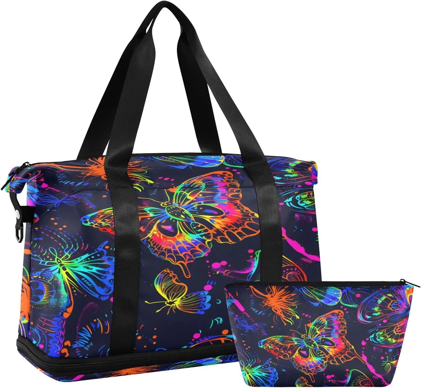 Seamless Neon Line Butterfly Travel Duffel Bag Waterproof Gym Sport Tote Bag Carry On Weekender Bag with Compartment