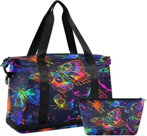 Seamless Neon Line Butterfly Travel Duffel Bag Waterproof Gym Sport Tote Bag Carry On Weekender Bag with Compartment