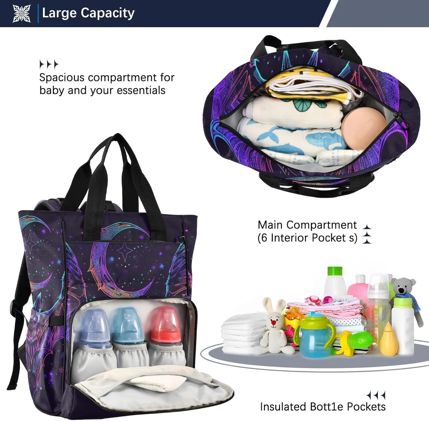 senya Diaper Bag Backpack, Neon Bat Crescent Multifunction Travel Bag for Moms Dads