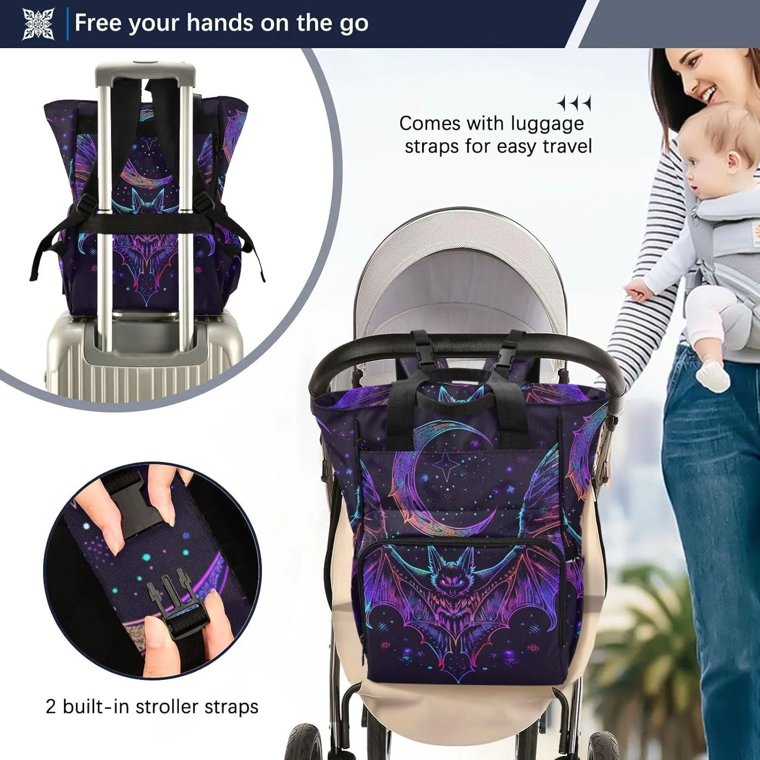 senya Diaper Bag Backpack, Neon Bat Crescent Multifunction Travel Bag for Moms Dads