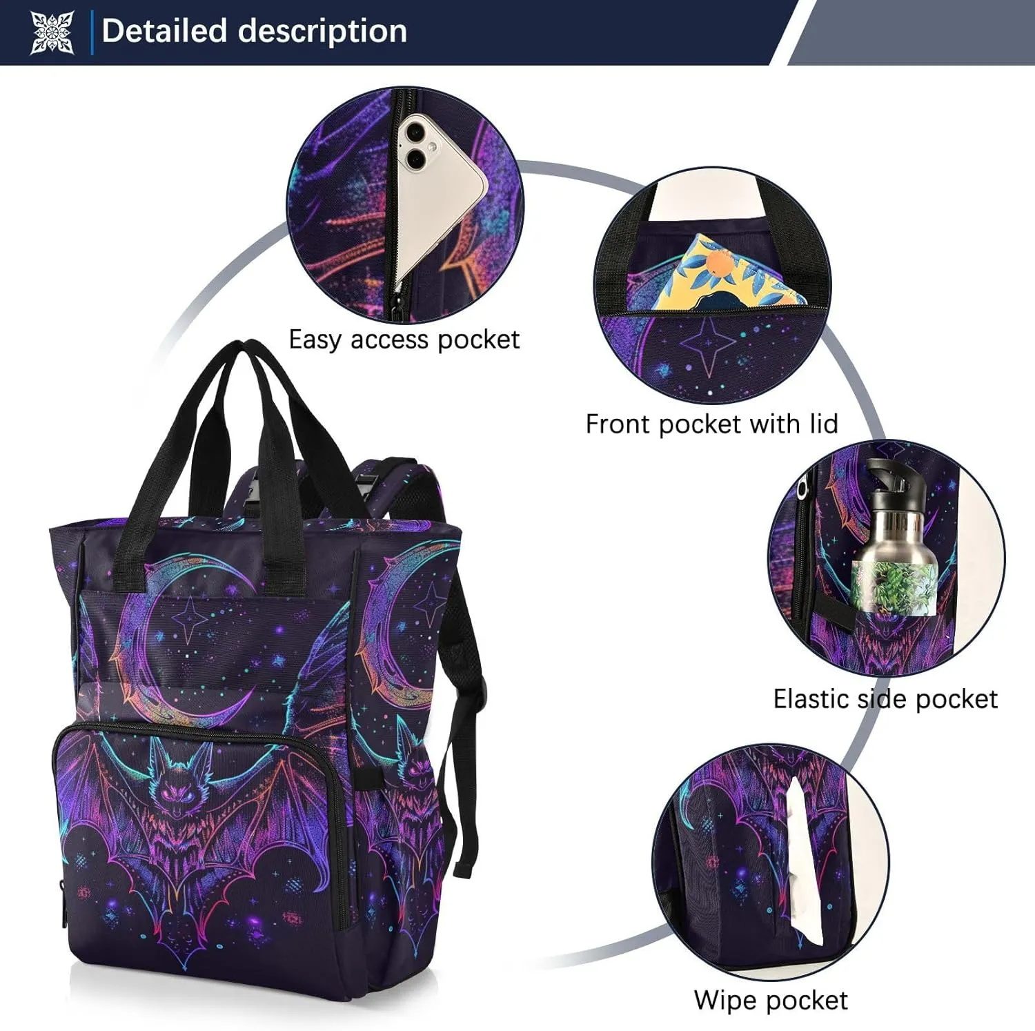 senya Diaper Bag Backpack, Neon Bat Crescent Multifunction Travel Bag for Moms Dads