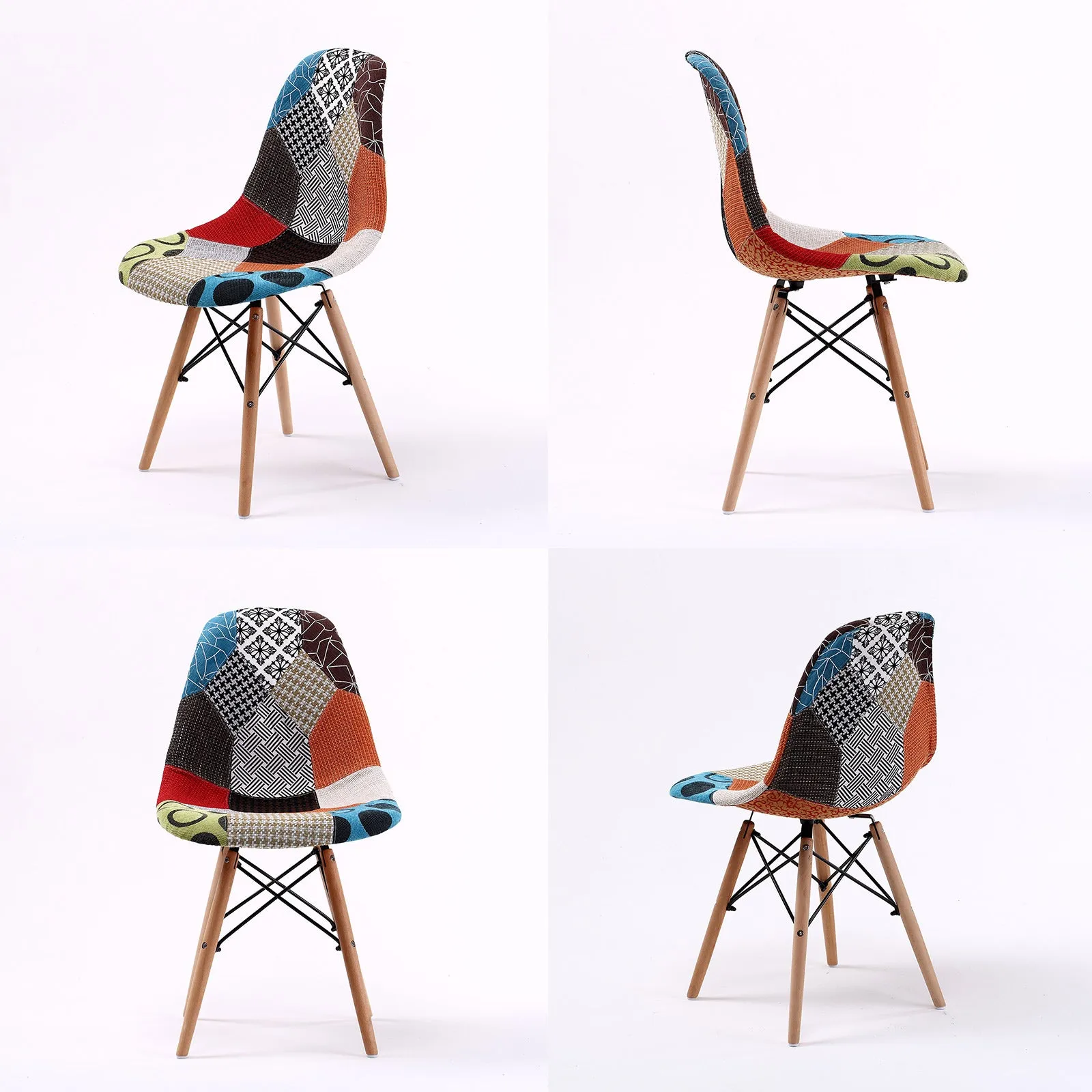 Set of 2 Retro Café Dining Chairs - Patchwork Fabric