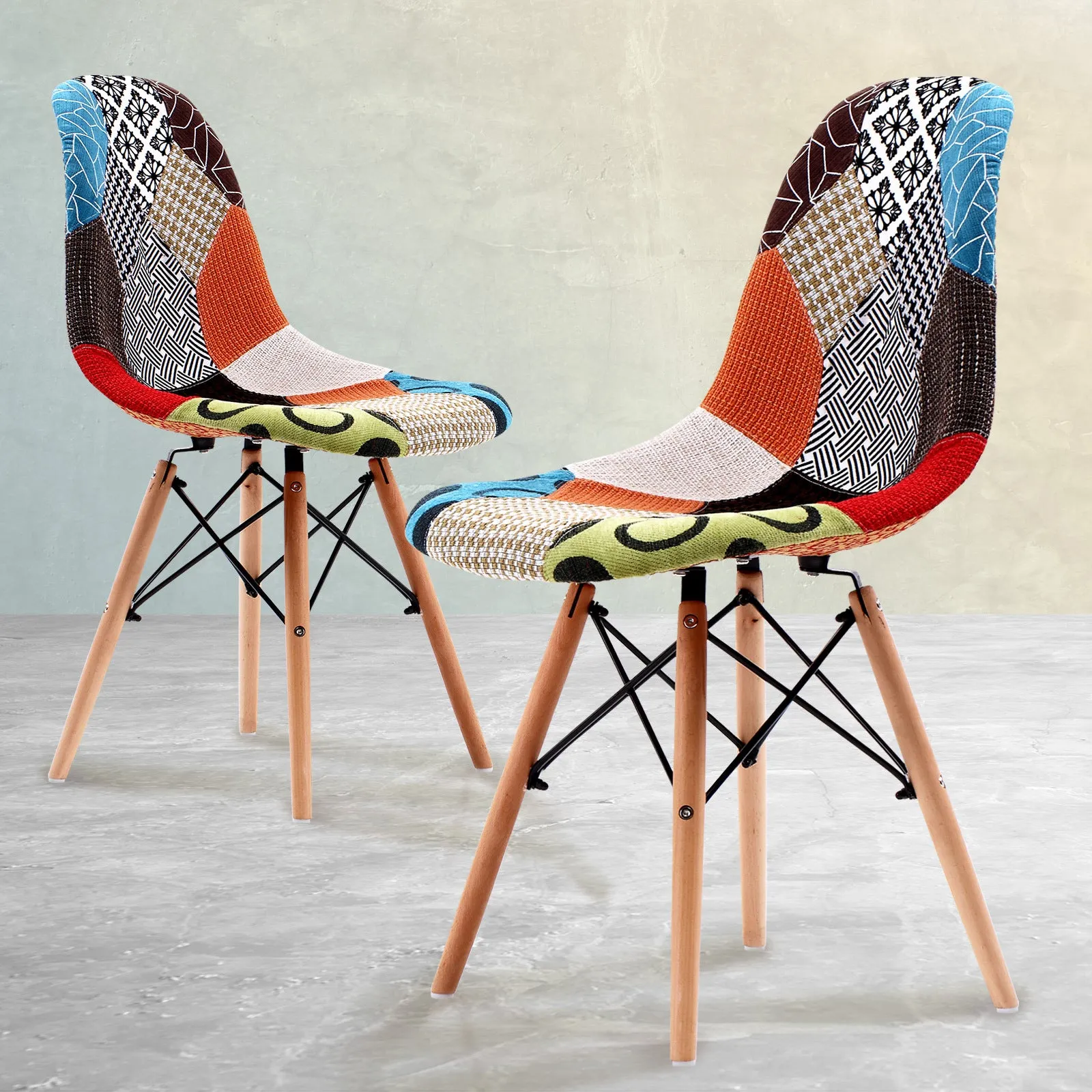 Set of 2 Retro Café Dining Chairs - Patchwork Fabric
