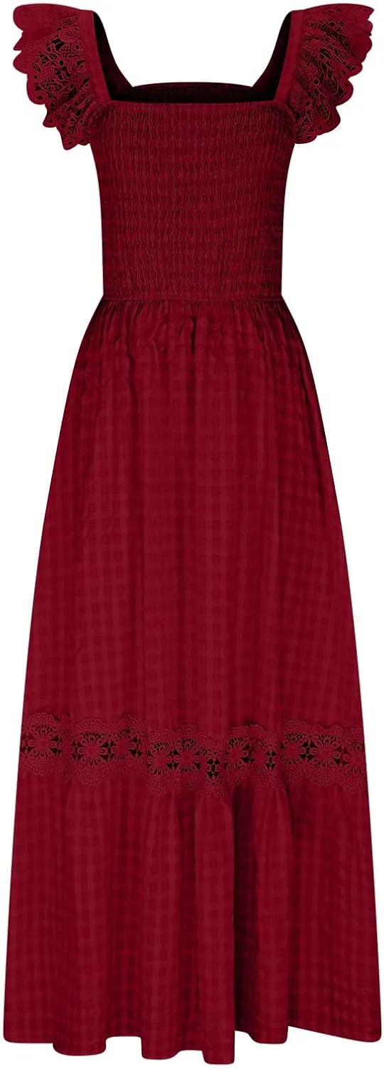 Sexy Lace Dress for Women Square Neck Smocked Slim Fitted Dresses 2025 Summer Sleeveless Elegant Plaid Sundress