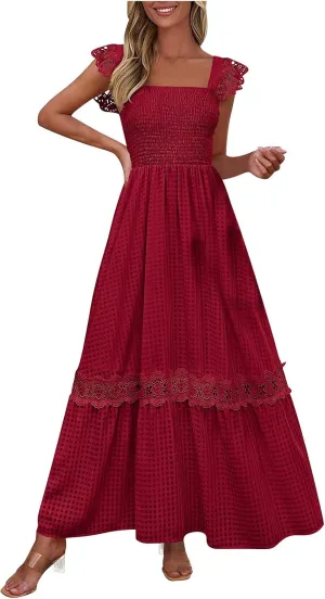 Sexy Lace Dress for Women Square Neck Smocked Slim Fitted Dresses 2025 Summer Sleeveless Elegant Plaid Sundress
