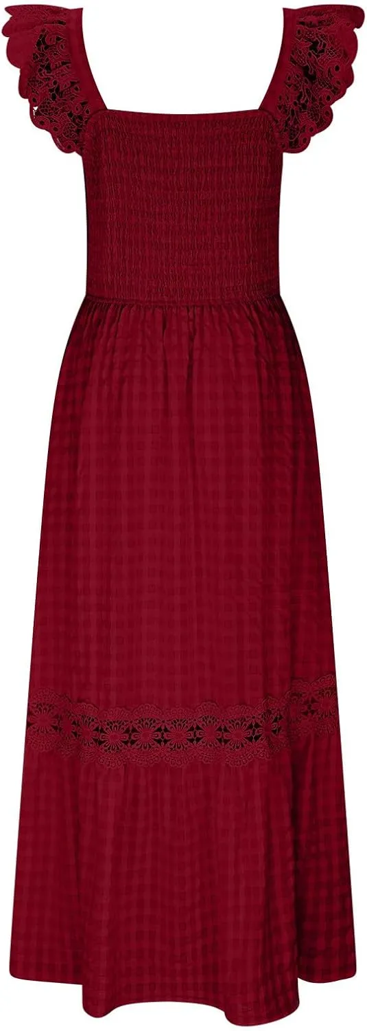 Sexy Lace Dress for Women Square Neck Smocked Slim Fitted Dresses 2025 Summer Sleeveless Elegant Plaid Sundress