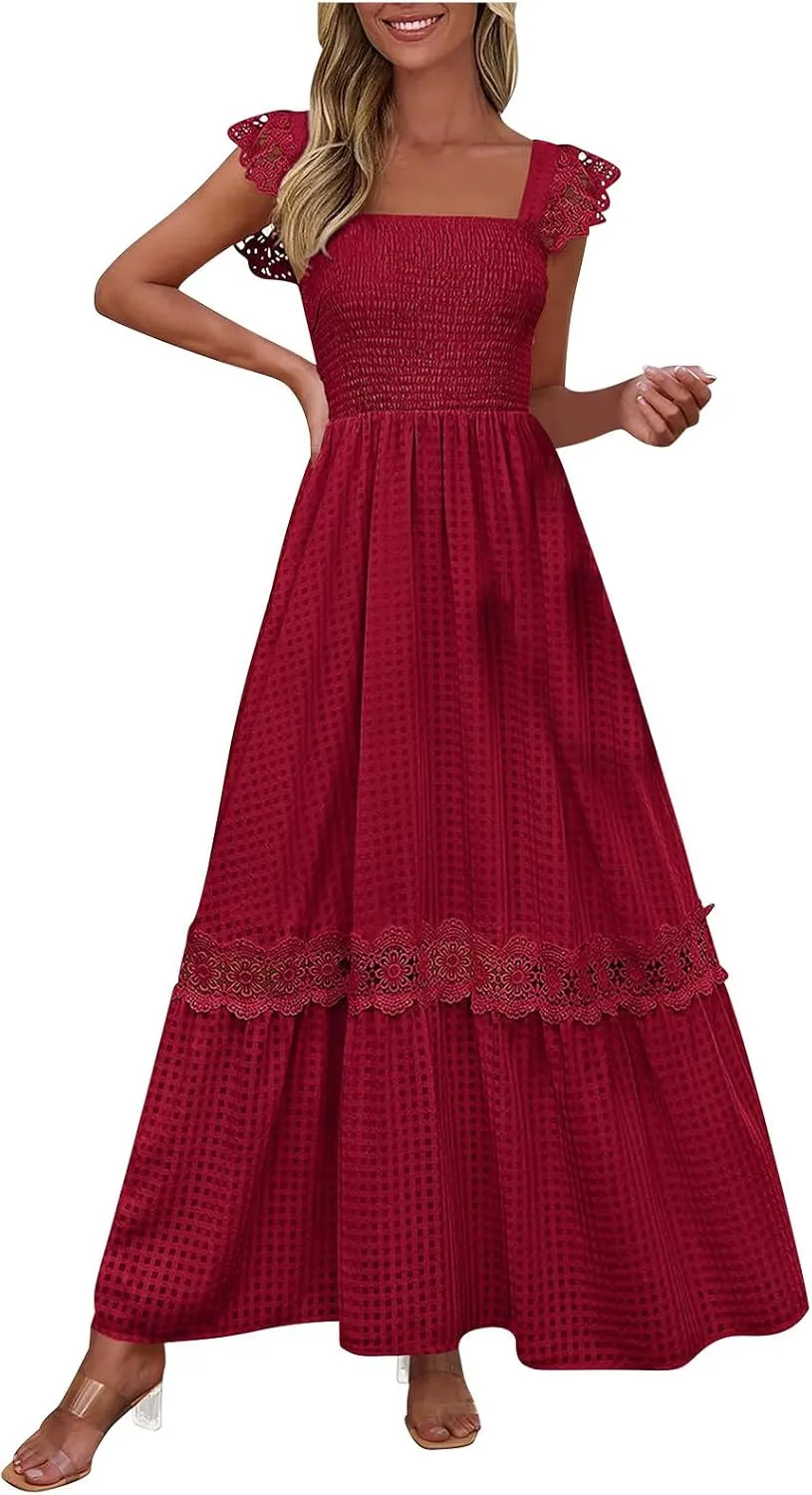 Sexy Lace Dress for Women Square Neck Smocked Slim Fitted Dresses 2025 Summer Sleeveless Elegant Plaid Sundress