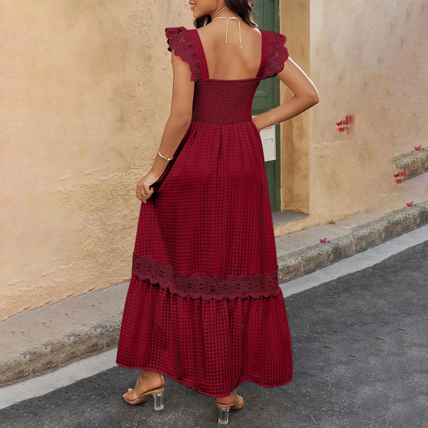 Sexy Lace Dress for Women Square Neck Smocked Slim Fitted Dresses 2025 Summer Sleeveless Elegant Plaid Sundress