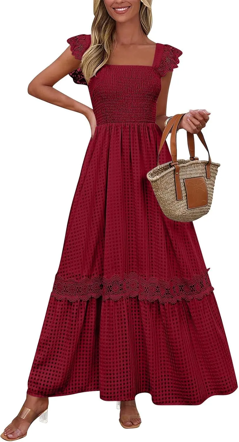Sexy Lace Dress for Women Square Neck Smocked Slim Fitted Dresses 2025 Summer Sleeveless Elegant Plaid Sundress