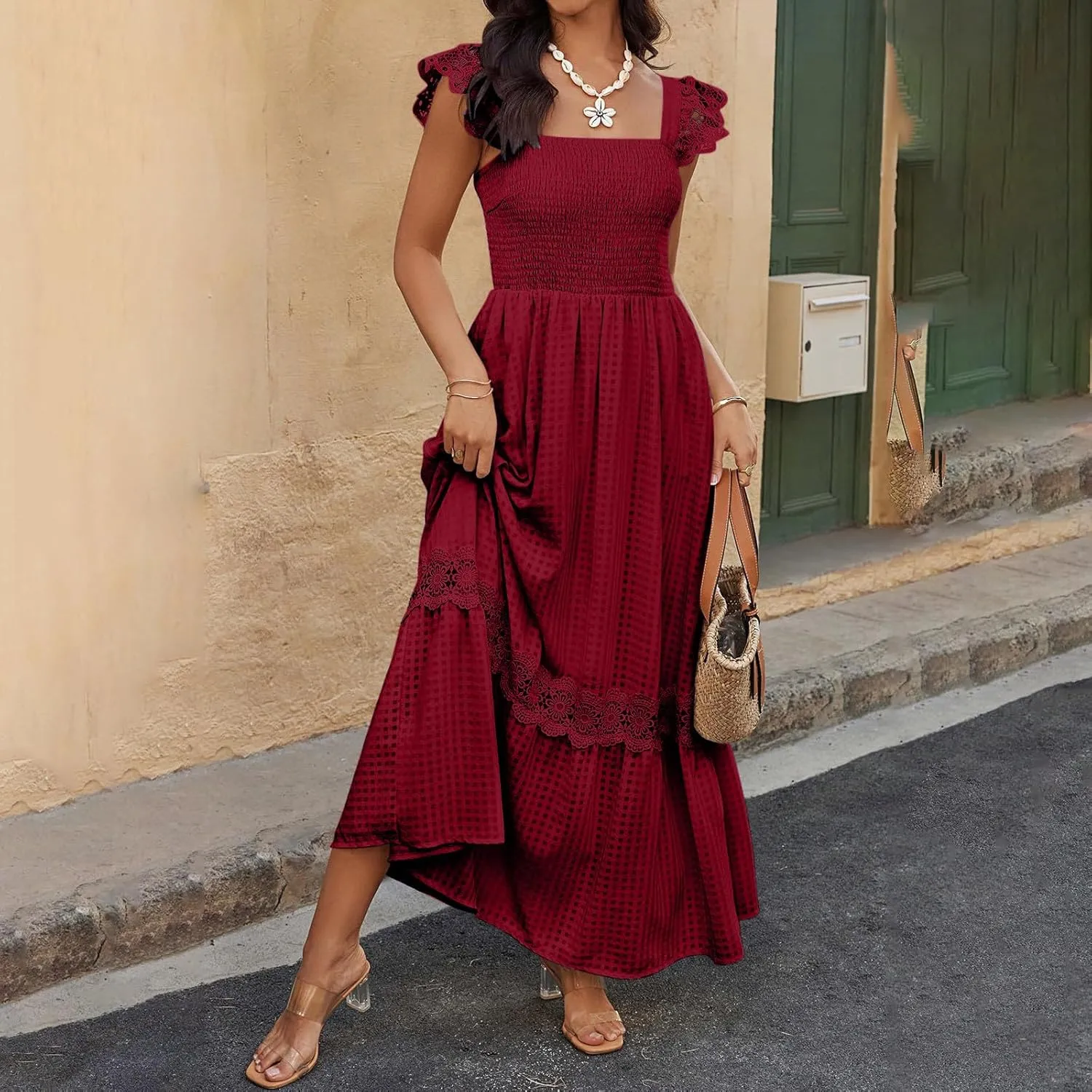 Sexy Lace Dress for Women Square Neck Smocked Slim Fitted Dresses 2025 Summer Sleeveless Elegant Plaid Sundress