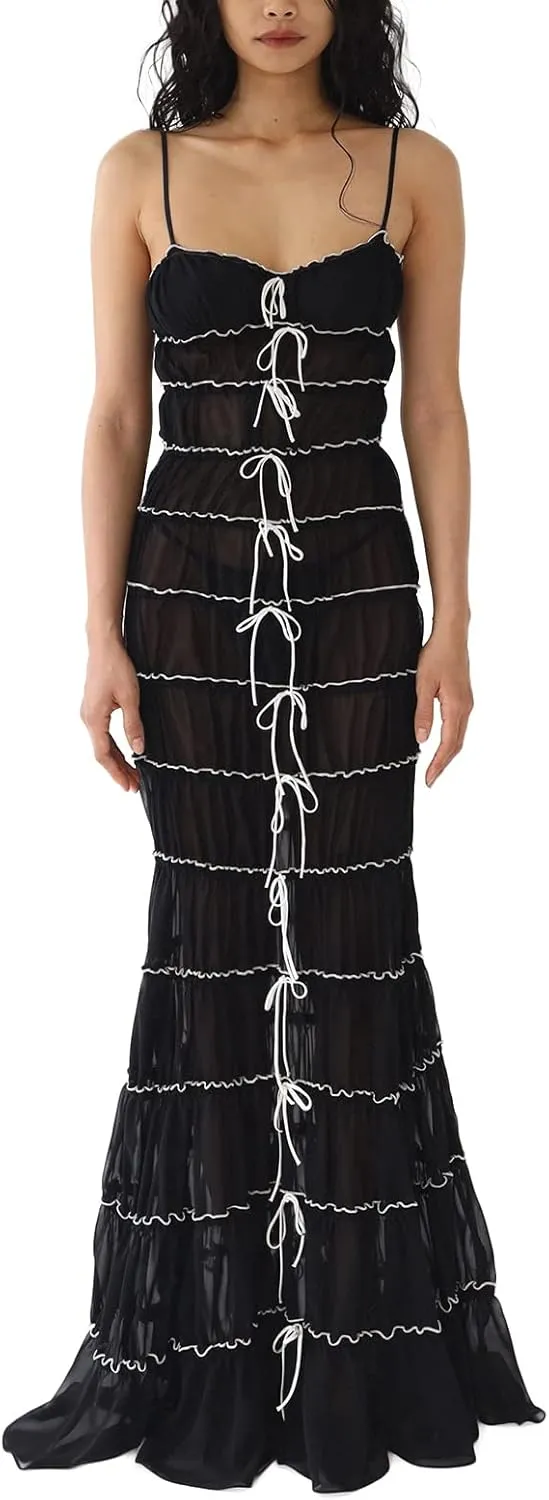 Sexy See Through Sheer Lace Maxi Dress Patchwork Backless Bodycon Long Dresses Beach Vacation Party Wear