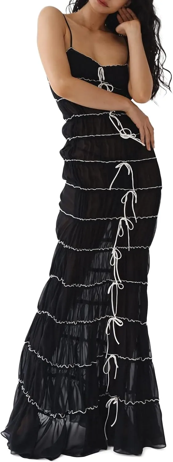 Sexy See Through Sheer Lace Maxi Dress Patchwork Backless Bodycon Long Dresses Beach Vacation Party Wear